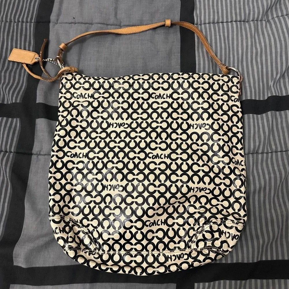 Coach Op Art 'Leah' Coated Canvas Hobo Black Off-White Natural Leather Trim‎ Bag